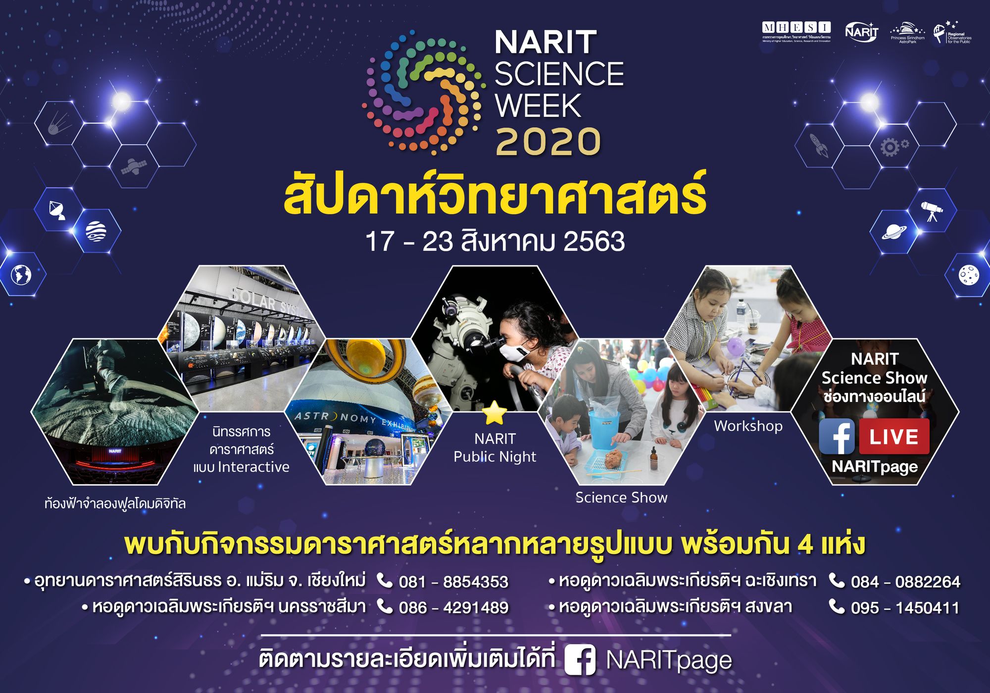 สดร. ชวนเที่ยวงานสัปดาห์วิทยาศาสตร์ “NARIT SCIENCE WEEK 2020”   17 - 23 สิงหาคมนี้ จัดใหญ่พร้อมกัน 4 ภูมิภาค